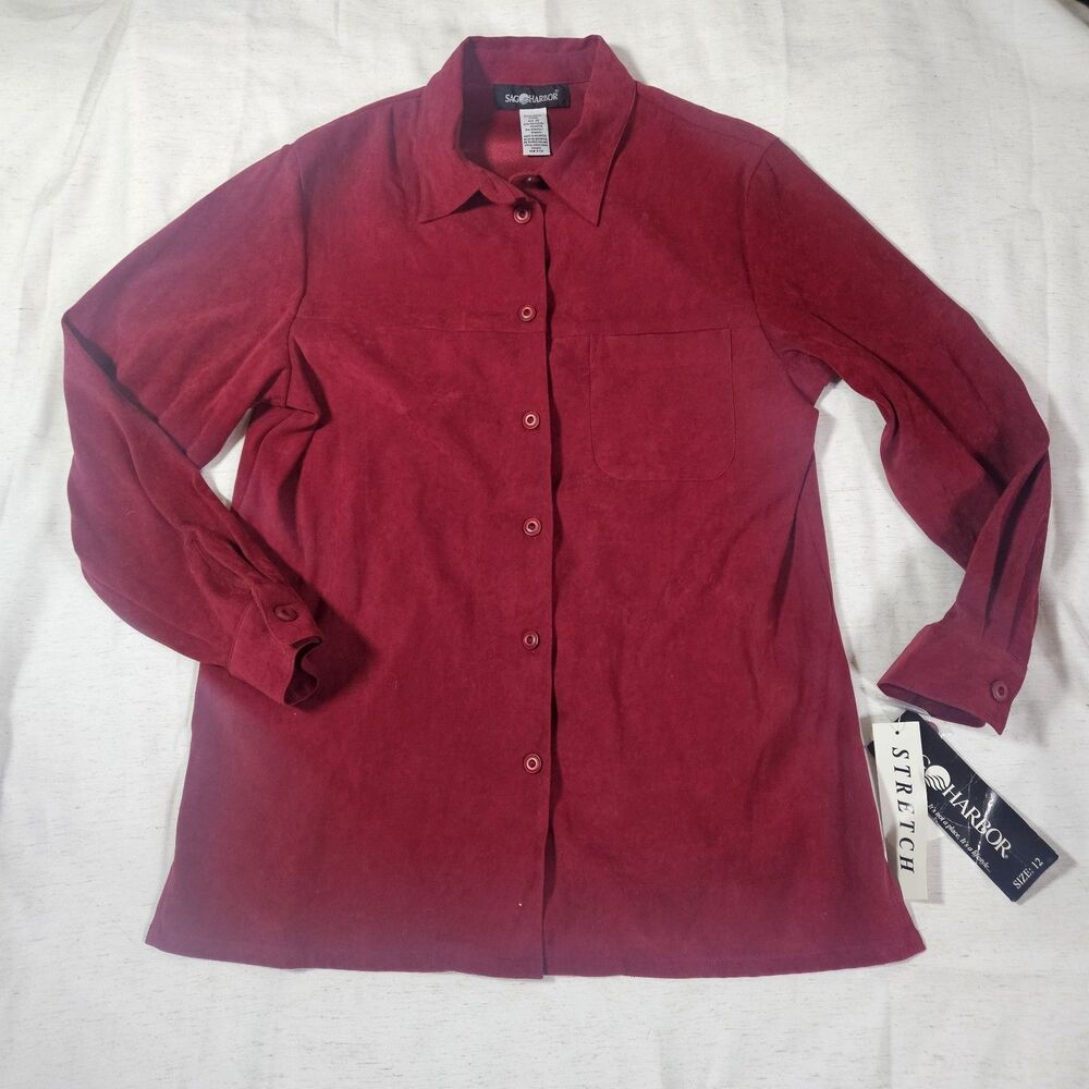 Sag Harbor Women Button Up Long Sleeve Sz 12 Velvet Faux Suede Stretch Red NWT